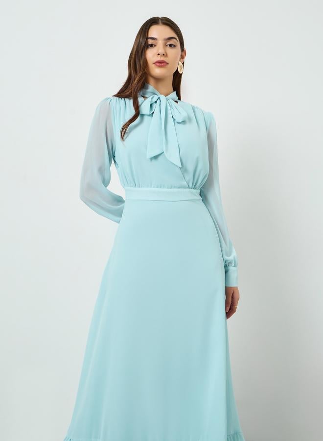 Styli Women Blue Chiffon Tie Up Neck Maxi Dress - Image 1
